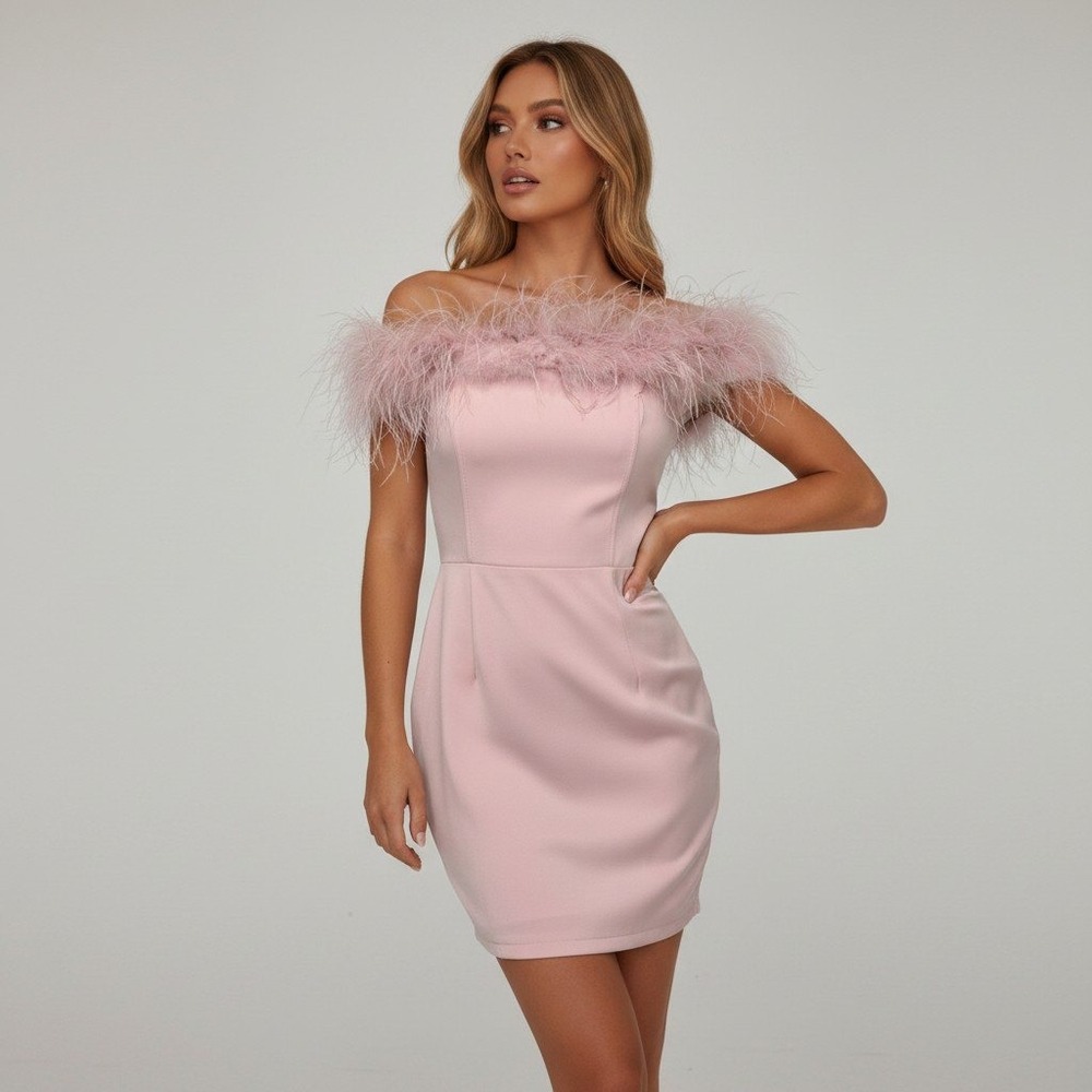 Club L London Pink Feather Trim Off The Shoulder Bodycon Mini Dress US 6 UK 10